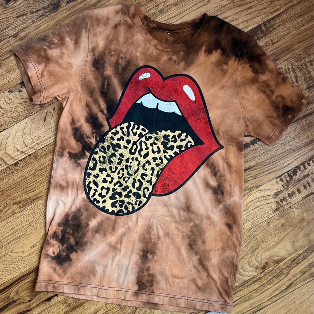 Rolling Stones leopard Tongue tshirt Lips leopard kiss acid dyed shirt s-m